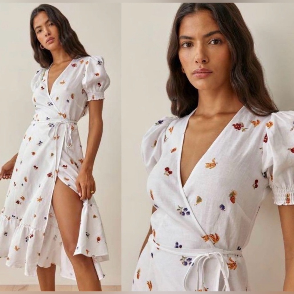 Reformation White Linen Fruit Wrap Dress - 100% Linen - Size XS